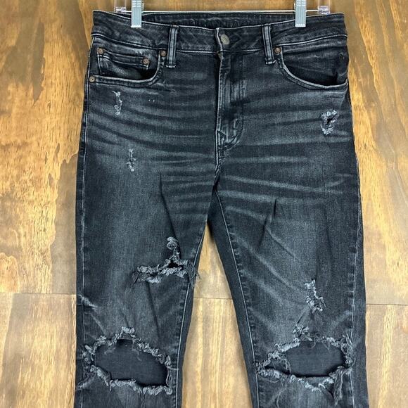 American Eagle Mens Jeans Black Denim Slim Leg Distressed Stretch 32X32 - Picture 2 of 11